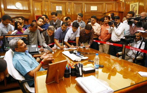 Shri Manohar Parrikar interacting with the media after taking charge as new Defence Minister, in New Delhi on November 10, 2014.