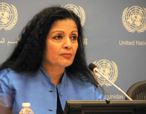 UN Assistant Secretary-General Laxmi Puri, who is also the Deputy Executive Director of UN Women, releases the report, "Progress of the World's Women, 2015-2016: Transforming Economies, Realising Rights," at the UN headquarters in New York recently. 