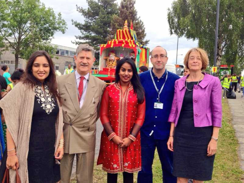 Labour Councillors - L-R: Kiran Ramachandani, Barry Kendler, Uma Kumaran (Labour Parliamentary Candidate Harrow East), Michael Borio, and Sue Anderson at the festival venue