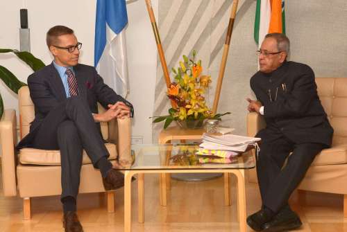 The Prime Minister of Finland, Mr. Alexander Stubb meeting the President, Shri Pranab Mukherjee, at Helsinki, in Finland on October 15, 2014.