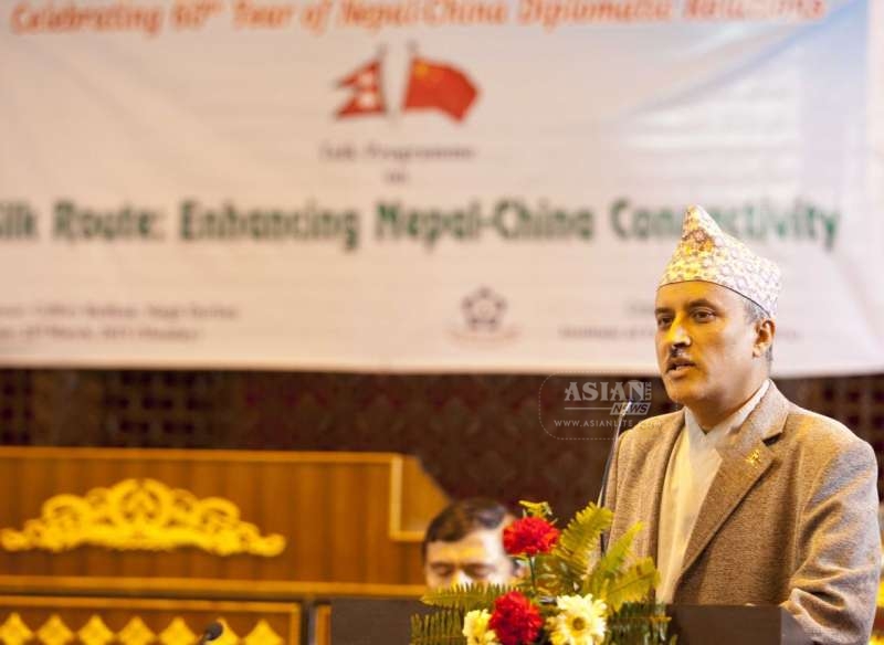 Chief Secretary of the Nepalese Government Lila Mani Poudel delivers a speech at a talk program on Silk Route: Enhancing Nepal-China Connectivity on the occasion of the 60th anniversary of the establishment of the Nepal-China diplomatic relations, in Kathmandu recently