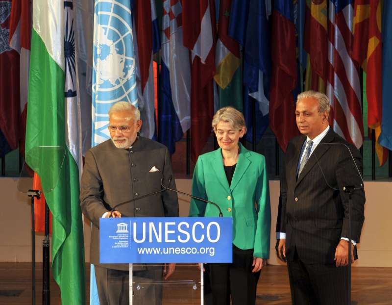 Prime Minister Narendra Modi during the launch of a website on Yoga, at UNESCO, in Paris. Also seen the Director-General of UNESCO Irina Bokova