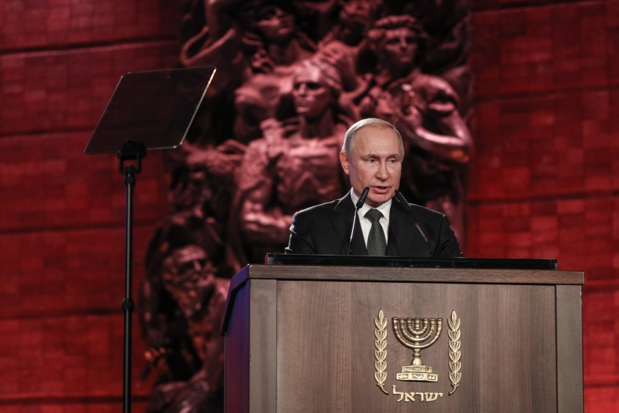 JERUSALEM, Jan. 23, 2020 (Xinhua) -- Russian President Vladimir Putin speaks during the 5th World Holocaust Forum at the Yad Vashem Holocaust memorial in Jerusalem, on Jan. 23, 2020. Dozens of world leaders gathered on Thursday in Jerusalem to commemorate 75 years for the liberation of the Auschwitz camp and called on to combat the resurgence of modern-day anti-Semitism. (Yonatan Sindel/JINI via Xinhua/IANS) by . 