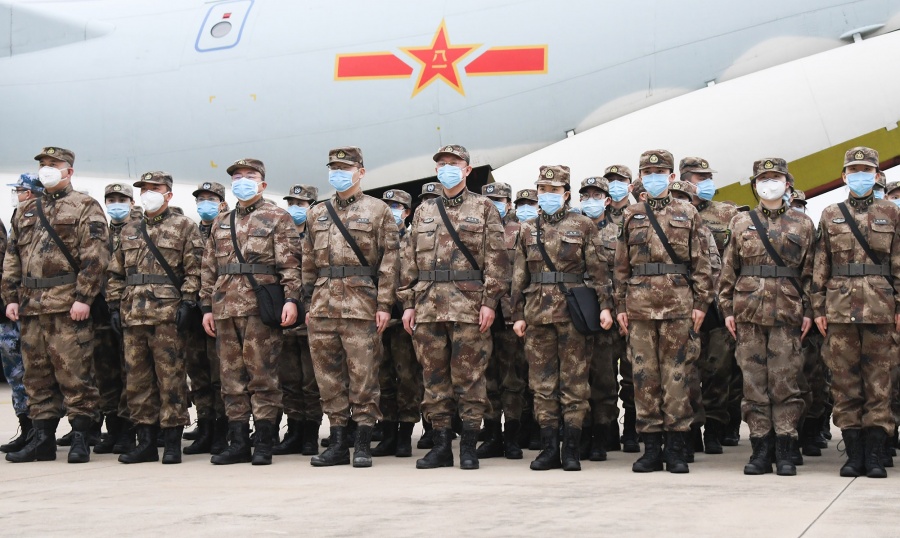 WUHAN, Feb. 2, 2020 (Xinhua) -- Military medical staff airlifted by eight large transport planes of the air force of the People's Liberation Army (PLA) arrive at Tianhe International Airport in Wuhan, central China's Hubei Province, Feb. 2, 2020. (Xinhua/Cheng Min/IANS) by . 