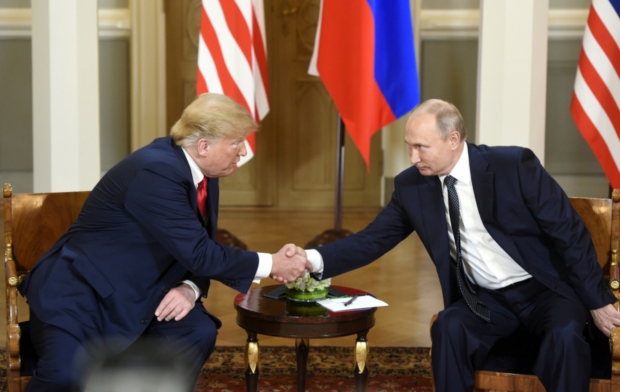 HELSINKI, July 16, 2018 (Xinhua) -- U.S. President Donald Trump (L) shakes hands with his Russian counterpart Vladimir Putin in Helsinki, Finland, on July 16, 2018. U.S. President Donald Trump and his Russian counterpart Vladimir Putin started their first bilateral meeting here on Monday, and they are expected to discuss a wide range of issues. (Xinhua/Lehtikuva/Heikki Saukkomaa/IANS) by . 