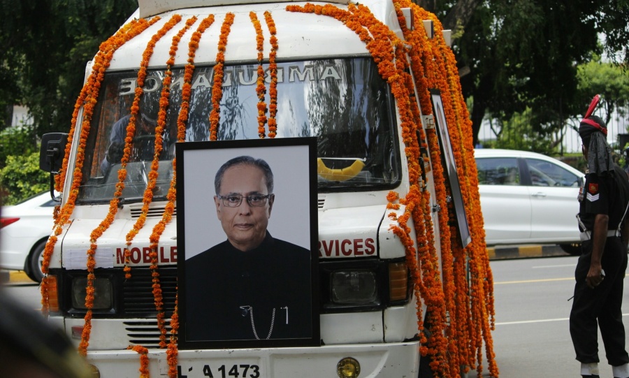 New Delhi: An ambulance leaves for the Lodhi Road Crematorium with the mortal remains of Former President Pranab Mukherjee from his 10 Rajaji Marg residence ahead of his funeral in New Delhi on Sep 1, 2020. Mukherjee passed away on Monday evening at Army's Research and Referral Hospital in New Delhi. He was 84. (Photo: IANS) by . 