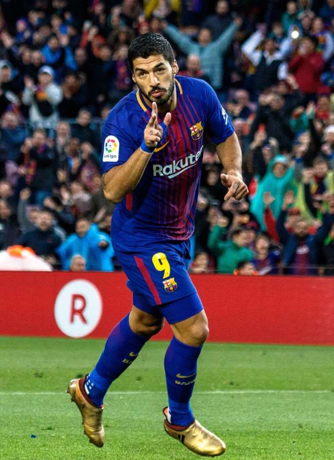 Barcelona, Jan. 8, (Xinhua) -- FC Barcelona's Luis Suarez celebrates scoring during a Spanish La Liga soccer match between FC Barcelona and Levante UD in Barcelona, Spain, on Jan. 7, 2018. Barcelona won 3-0. (Xinhua/Joan Gosa/IANS) by . 