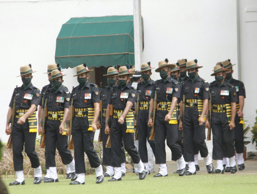 New Delhi: Military band at Former President Pranab Mukherjee's 10 Rajaji Marg residence in New Delhi on Sep 1, 2020. Mukherjee passed away on Monday evening at Army's Research and Referral Hospital in New Delhi. He was 84. (Photo: IANS) by . 