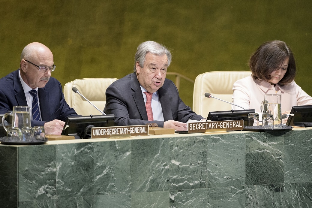 United Nations Secretary-General Antonio Guterres, flanked by Vladimir Voronkov, Under-Secretary-General of the UN Office of Counter-Terrorism, left, and Atefeh Riazi, Assistant Secretary-General for Information and Communications Technology, speaks at the high-level event to launch the UN Countering Terrorist Travel Programme on Tuesday, May 7, 2019. (Photo: UN/IANS) by . 