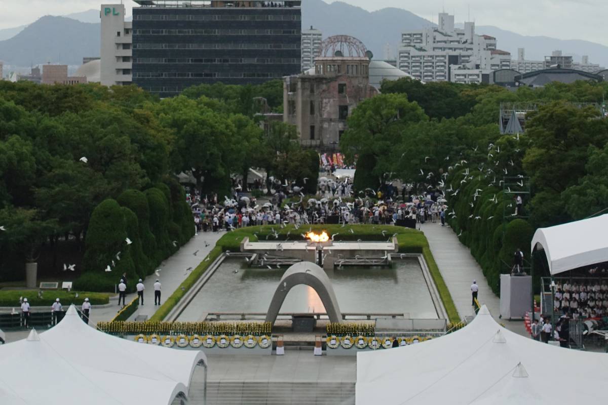 HIROSHIMA, Aug. 6, 2019 (Xinhua) -- People attend an annual memorial ceremony in Hiroshima, Japan, Aug. 6, 2019. Hiroshima, a Japanese city hit by a U.S. atomic bomb at the end of World War II, marked the 74th anniversary of the bombing on Tuesday. (Xinhua/Peng Chun/IANS) by . 