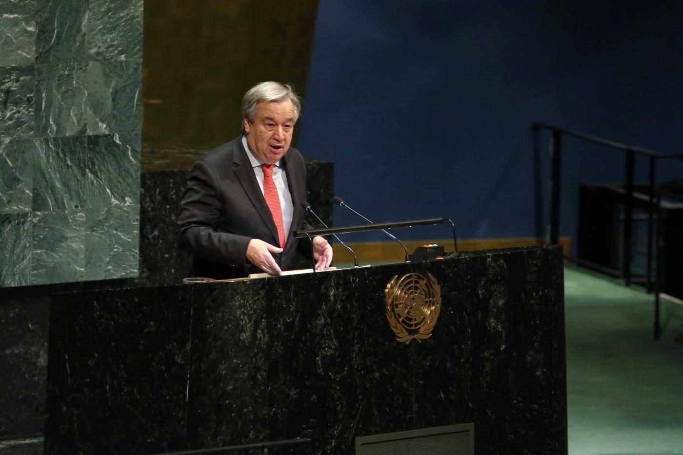 UNITED NATIONS, March 11, 2019 (Xinhua) -- United Nations Secretary-General Antonio Guterres addresses the opening of the 63rd Session of the Commission on the Status of Women (CSW63), at the UN headquarters in New York, March 11, 2019. United Nations Secretary-General Antonio Guterres on Monday warned that there is a "pushback" on women's rights globally. (Xinhua/Li Muzi/IANS) by . 