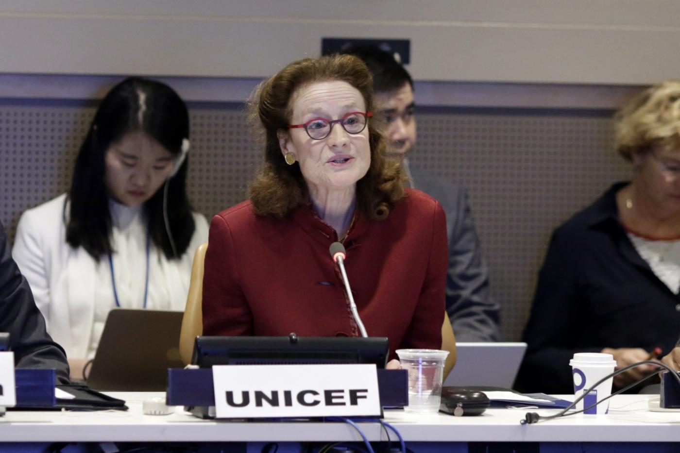 UNITED NATIONS, June 14, 2018 (Xinhua) -- UNICEF Executive Director Henrietta Fore addresses a high-level symposium on the Chinese Belt and Road Initiative and the UN 2030 Agenda for Sustainable Development at the UN headquarters in New York June 13, 2018. The vision of the Belt and Road Initiative is also a vision for children, as China's dramatic progress over the past two decades has also benefitted children, Henrietta Fore said on Wednesday. (Xinhua/Li Muzi/IANS) by . 