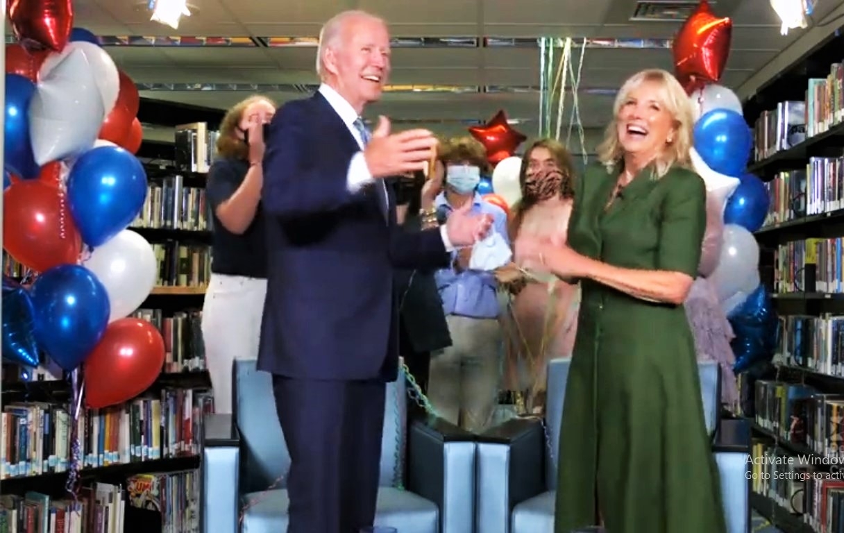 Former Vice President Joe Biden celebrates his nomination as the Democratic Party's presidential candidate with his wife, Jill, and members of his family on Tuesday, August 18, 2020. (Photo: DNC/IANS) by . 