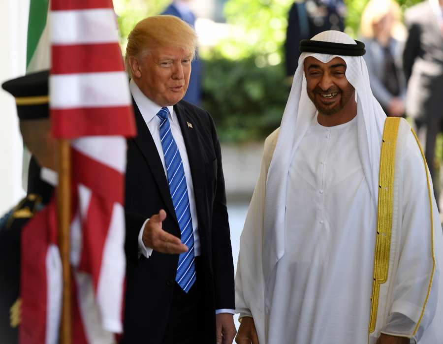 WASHINGTON, May 15, 2017 (Xinhua) -- U.S. President Donald Trump (L) welcomes Sheikh Mohamed bin Zayed Al-Nahyan, Abu Dhabi Crown Prince of the United Arab Emirates (UAE), at the White House in Washington D.C., the United States, on May 15, 2017. (Xinhua/Yin Bogu/IANS) by . 