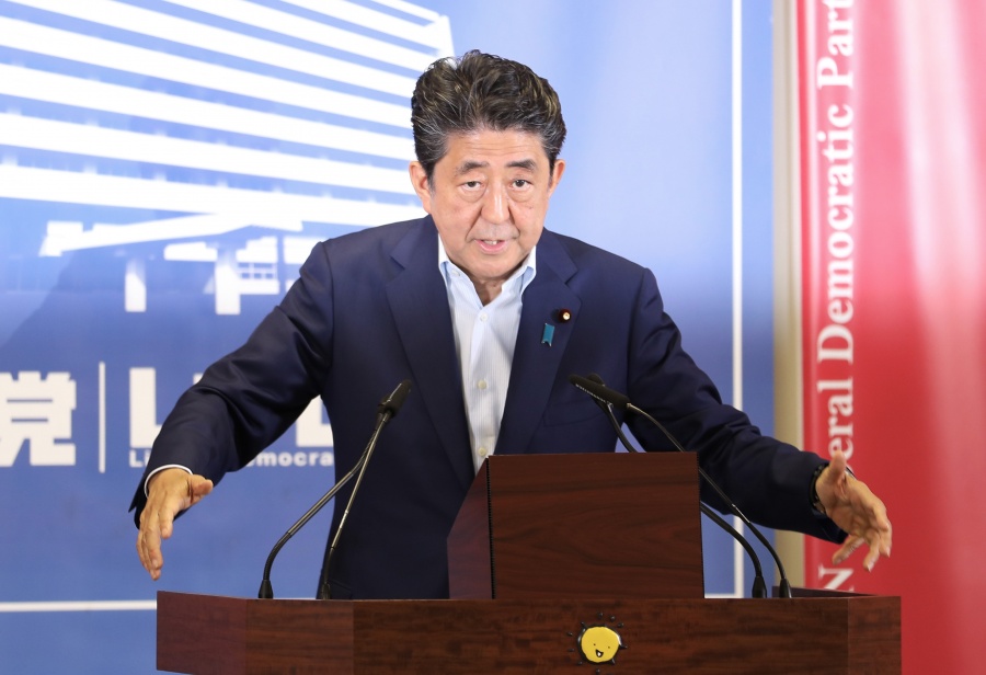 TOKYO, July 23, 2019 (Xinhua) -- Japanese Prime Minister Shinzo Abe attends a news conference in Tokyo, Japan, July 22, 2019. Abe said Monday that he will be more flexible for future debates in parliament on revising Japan's Constitution. n Abe made the remarks in a news conference a day after pro-amendment forces suffered a setback in failing to achieve a two-thirds majority in Sunday's upper house election. (Xinhua/Du Xiaoyi/IANS) by . 