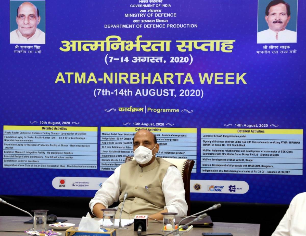 New Delhi: Defence Minister Rajnath Singh launches the modernisation/up-gradation of facilities and new infrastructure creation of Defence Public Sector Undertakings & Ordnance Factory Board as part of â??Atmanirbharta Weekâ?? celebrations, in New Delhi on Aug 10, 2020. (Photo: IANS/PIB) by . 