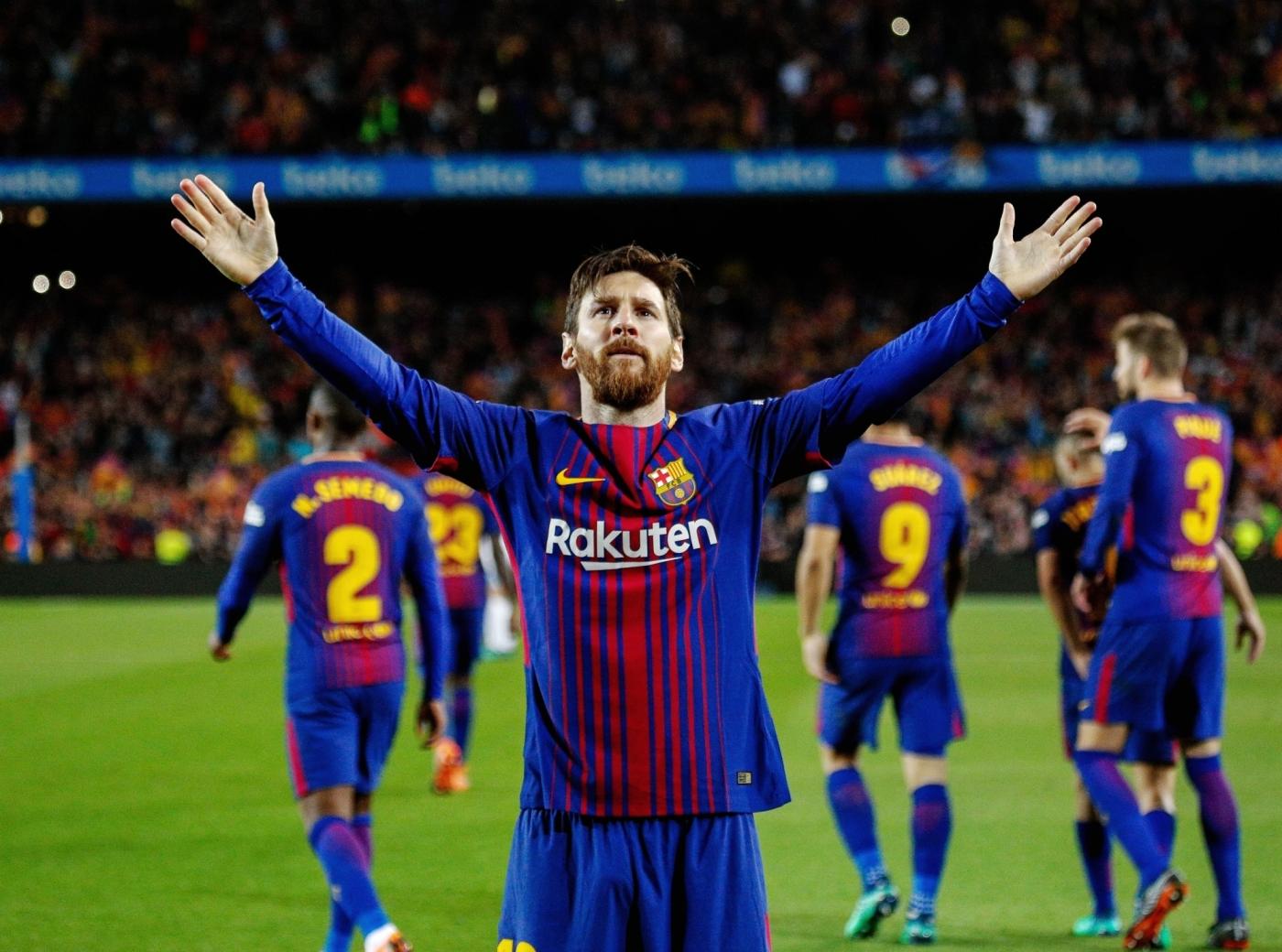 BARCELONA, May 7, 2018 (Xinhua) -- FC Barcelona's Lionel Messi celebrates his goal during a Spanish league match between FC Barcelona and Real Madrid in Barcelona, Spain, on May 6, 2018. The match ended 2-2. (Xinhua/Joan Gosa/IANS) by . 