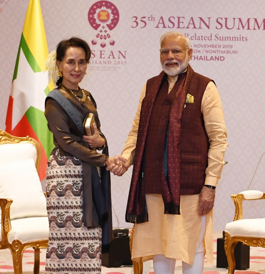 Bangkok: Prime Minister Narendra Modi meets the State Counsellor of Myanmar Aung San Suu Kyi on the sidelines of the 16th India-ASEAN Summit in Bangkok, Thailand on Nov 3, 2019. (Photo: IANS/PIB) by . 