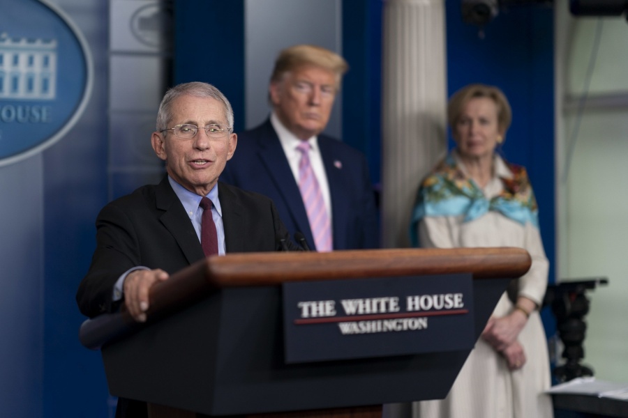 Anthony Fauci, from left, the medical adviser to United States President Donald Trump on COVID-19, Deborah Birx, the coordinator of the White House Coronavirus Task Force, at a news conference on April 4, 2020, in Washington. (Photo: White House/IANS) by . 