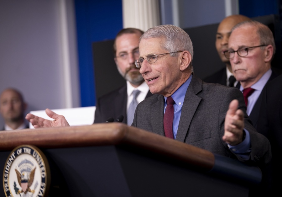 WASHINGTON D.C., March 11, 2020 (Xinhua) -- Anthony Fauci, director of the U.S. National Institute of Allergy and Infectious Diseases, attends a press conference on the COVID-19 at the White House in Washington D.C. March 10, 2020. The number of COVID-19 cases in the United States have topped 1,000 by 11:30 p.m. EST Tuesday (0330 GMT on Wednesday), reaching 1,001 with 28 deaths, according to the Center for Systems Science and Engineering (CSSE) at Johns Hopkins University. (Xinhua/Liu Jie/IANS) by . 