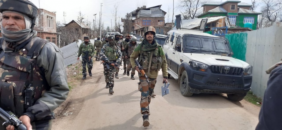 Shopian: Security personnel carry out cordon and search operations after two unidentified terrorists were killed in a shootout with the security forces and ammunition recovered from them in Jammu and Kashmir's Shopian district, on March 9, 2020. The encounter took place in the Khawajpora Reban village around 6.40 a.m. (Photo: IANS) by . 